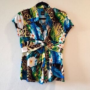 Rafaella Womens Hawaiian Tropical Cheetah Floral Shirt size MP EUC